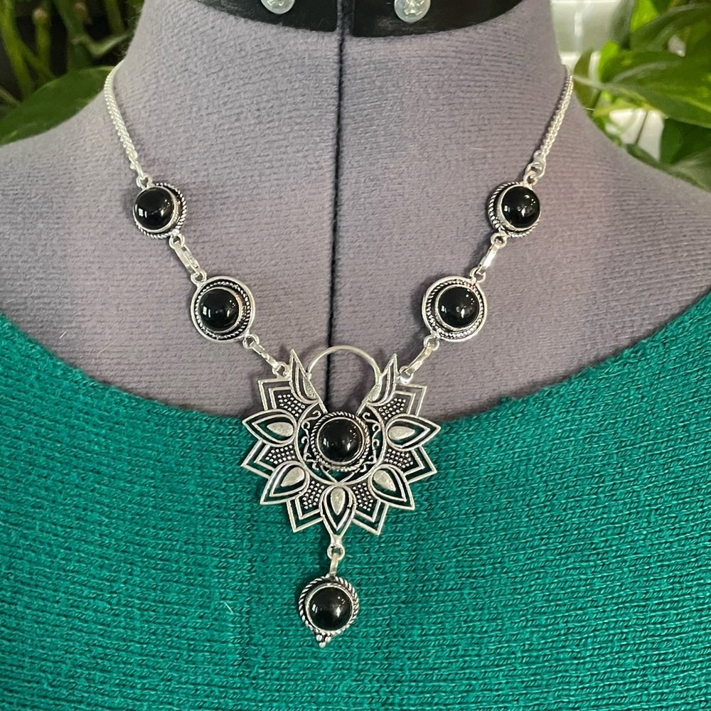 😵 Black onyx 925 Sterling Silver Mandala Necklace Sun Choker india core boho